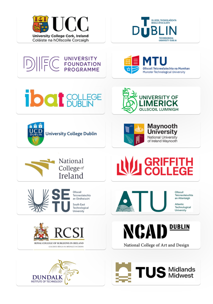 Top Irish universities logos including UCC, TU Dublin, Griffith College and others