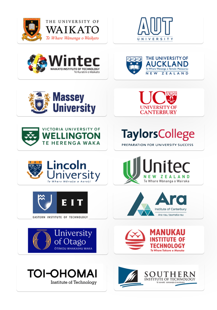 Top New Zealand universities logos including University of Waikato, AUT, Massey University and others