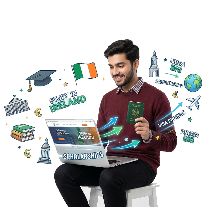 Pakistani student studying in Ireland holding passport and laptop with education icons