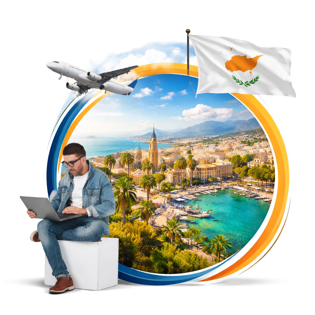 Pakistani student studying in Cyprus with airplane and Cyprus city landscape
