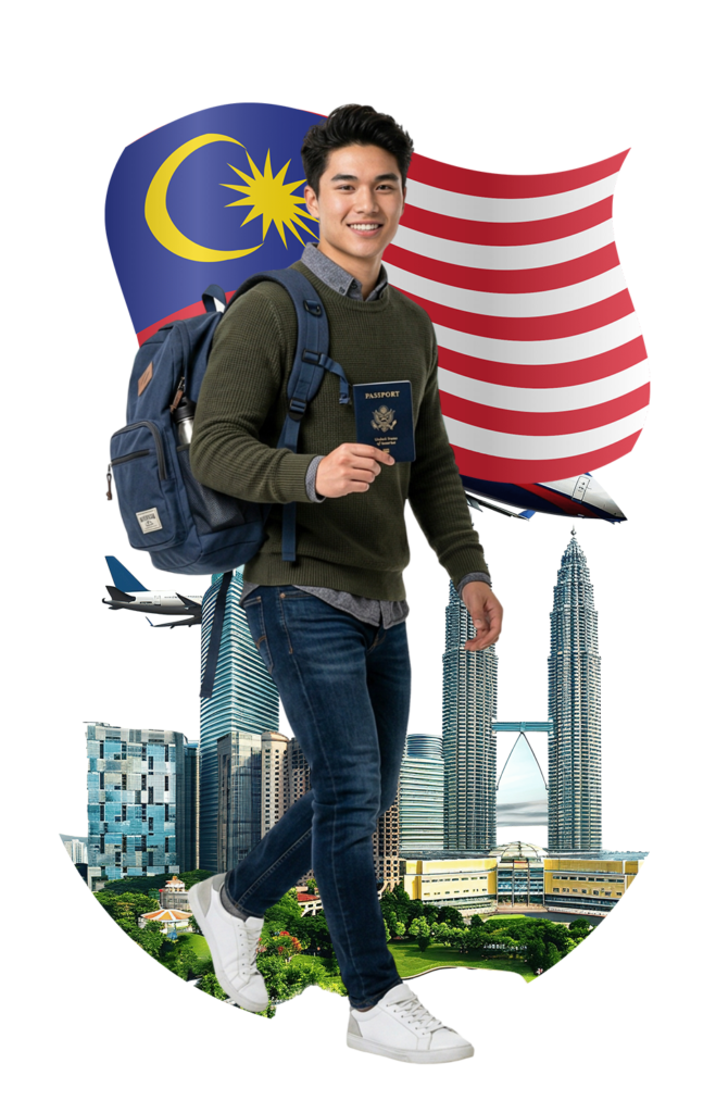 International student with backpack standing in front of Malaysian flag