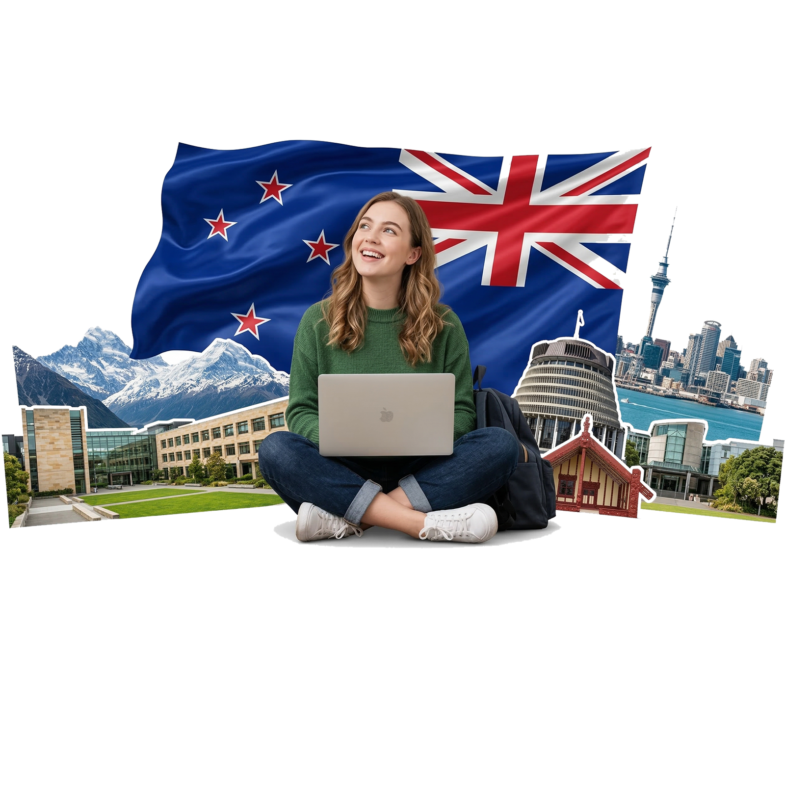 Pakistani student studying in New Zealand with laptop and national flag background