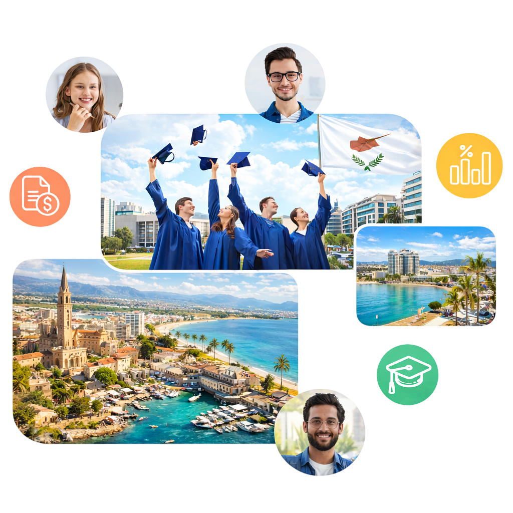 Students celebrating graduation with Cyprus city and study visa requirements