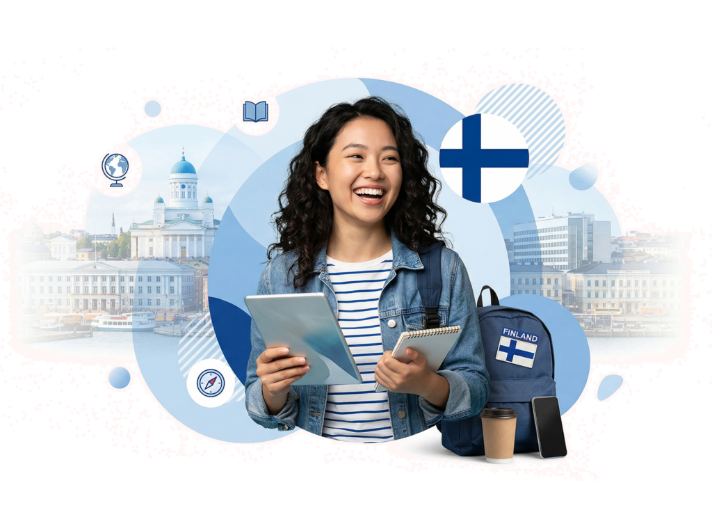 Pakistani student holding books planning to study in Finland with Finnish flag and university icons