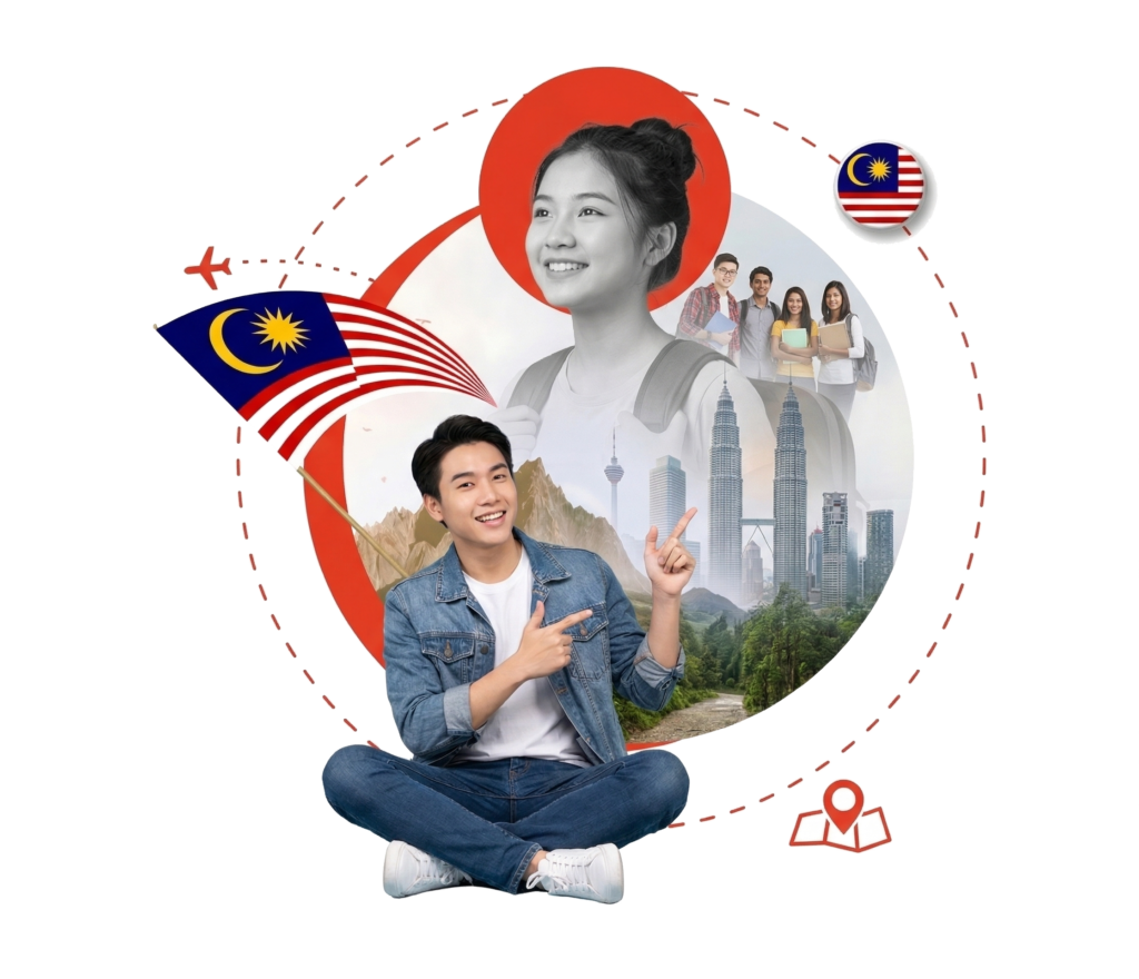 Pakistani student studying in Malaysia with Malaysian flag and university icons