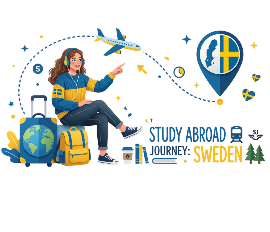 Student planning Sweden study visa with travel icons airplane passport and luggage