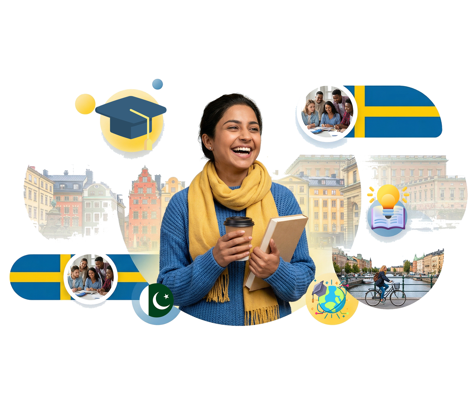 Pakistani student smiling with books planning to study in Sweden with university icons and Swedish flag