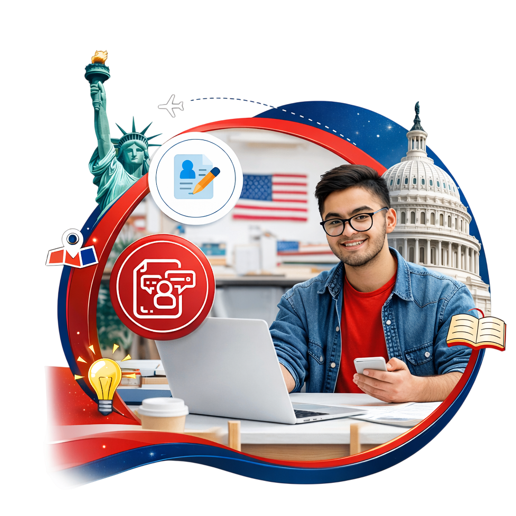 Pakistani student studying in USA with laptop and American landmarks illustration