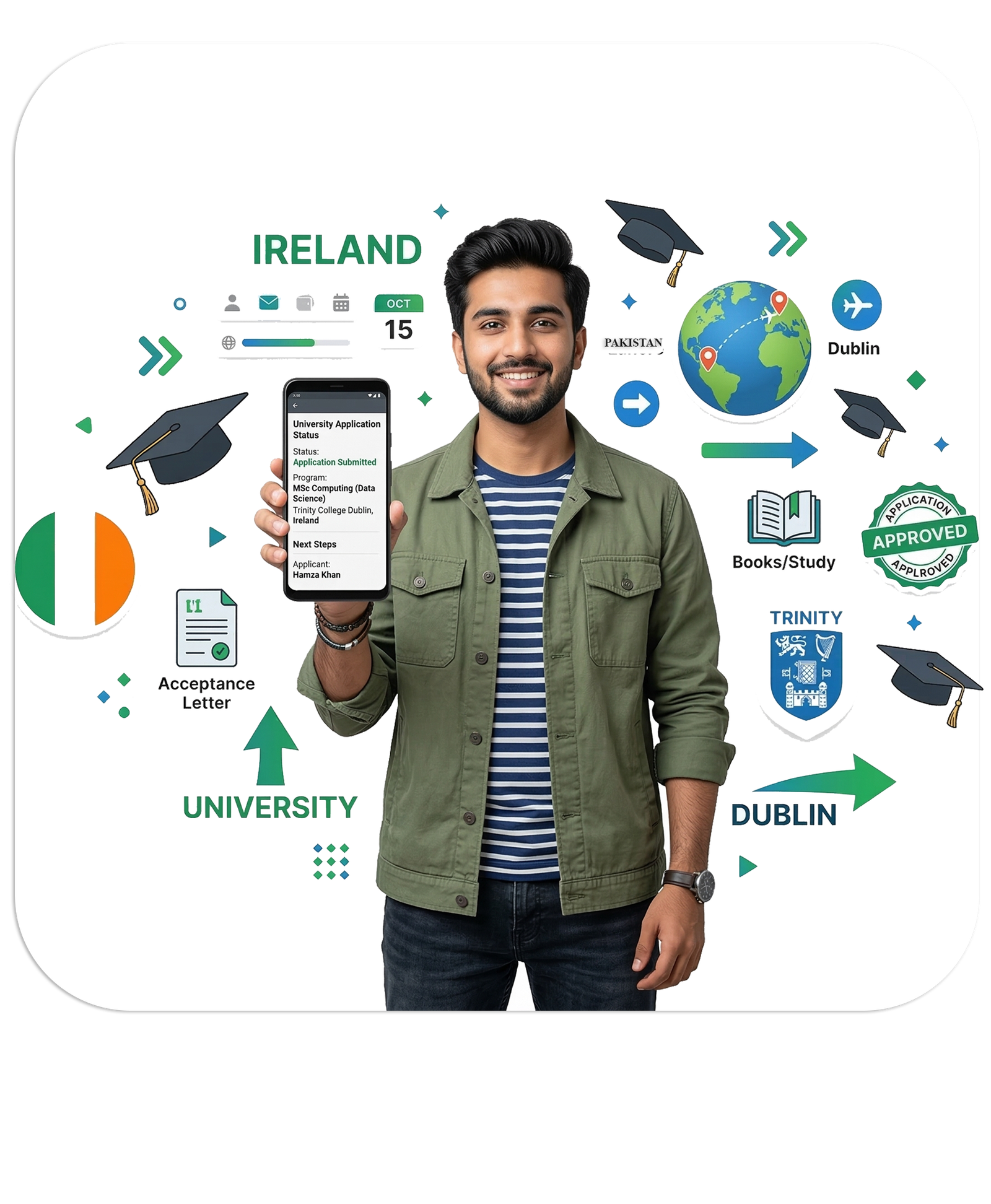 Pakistani student showing Ireland university admission on mobile phone