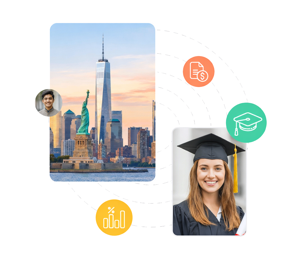 USA study visa process with Statue of Liberty and graduate student