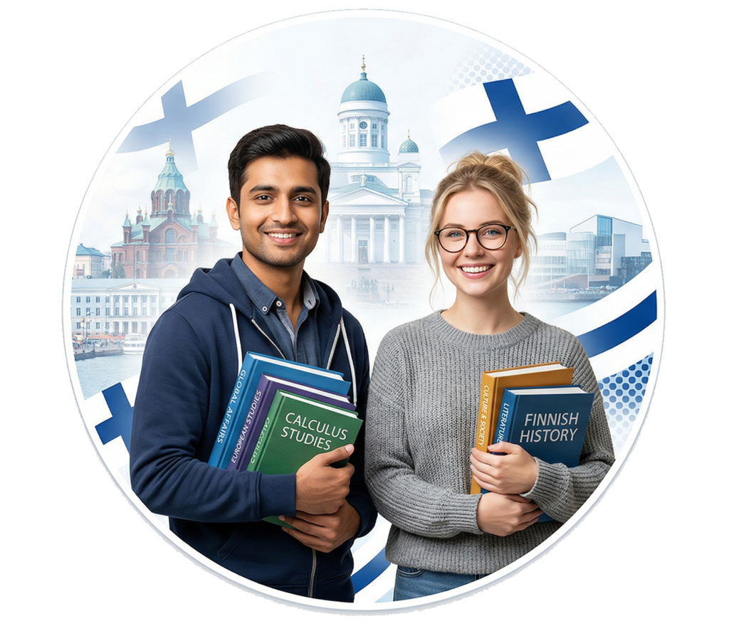 Students holding books preparing for Finland study visa with Finland landmarks