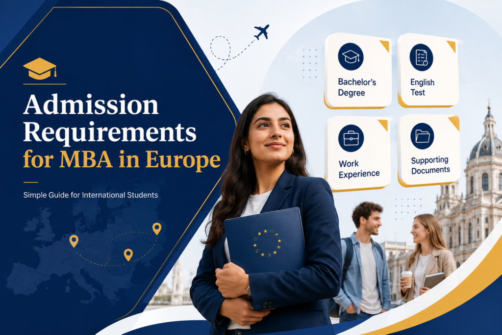 Admission requirements for MBA in Europe guide for international students with degree, English test, work experience, and documents.