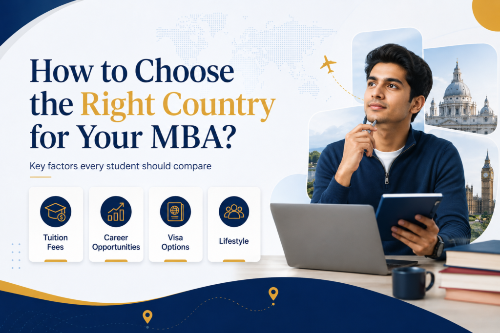 How to choose the right country for your MBA guide with key factors like tuition fees, career opportunities, visa options, and lifestyle.