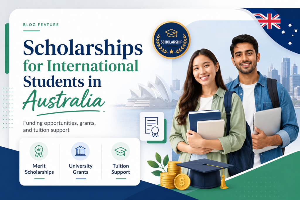Scholarships for international students in Australia banner featuring students, scholarship badge, Sydney Opera House, and funding opportunities for study abroad.