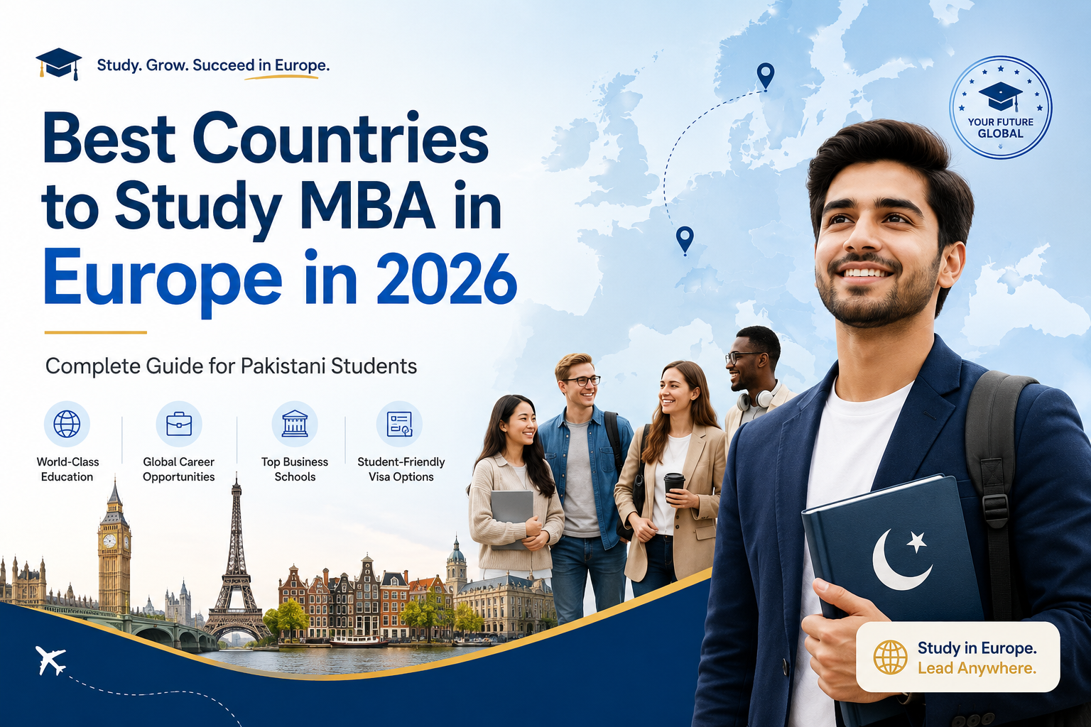 Best countries to study MBA in Europe in 2026 guide for Pakistani students with European landmarks and international students.