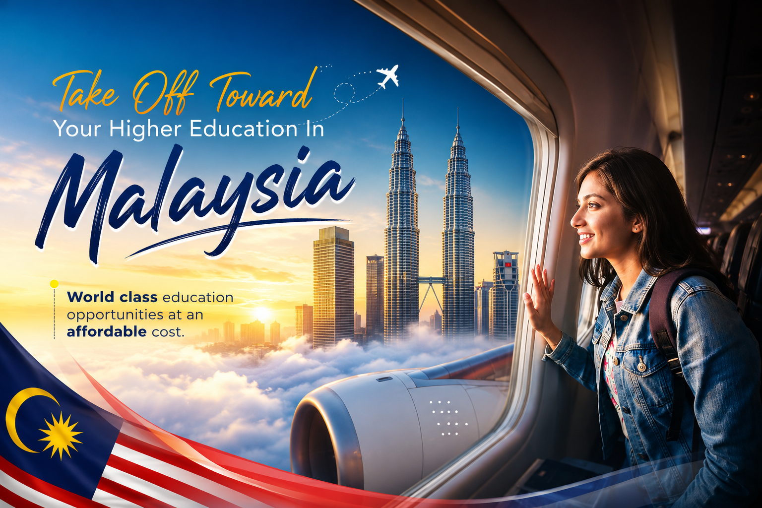 Study in Malaysia banner showing a student looking from an airplane window at Kuala Lumpur skyline with Petronas Twin Towers and Malaysian flag.n Opportunities